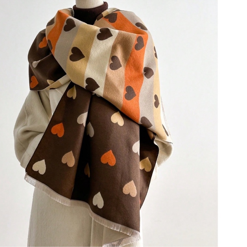 Cozy Hand Knit Heart Print Reversible Large Scarf